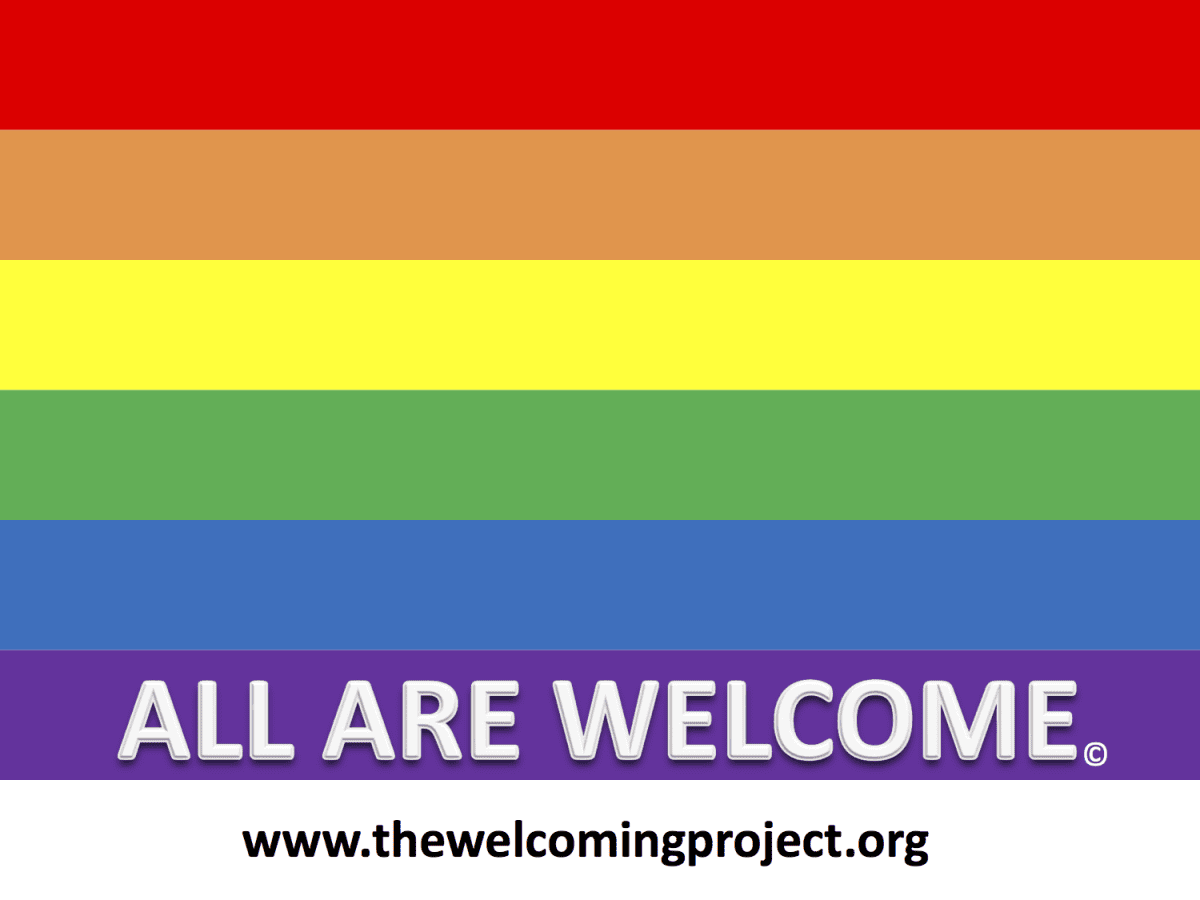 A rainbow flag with the words all are welcome.